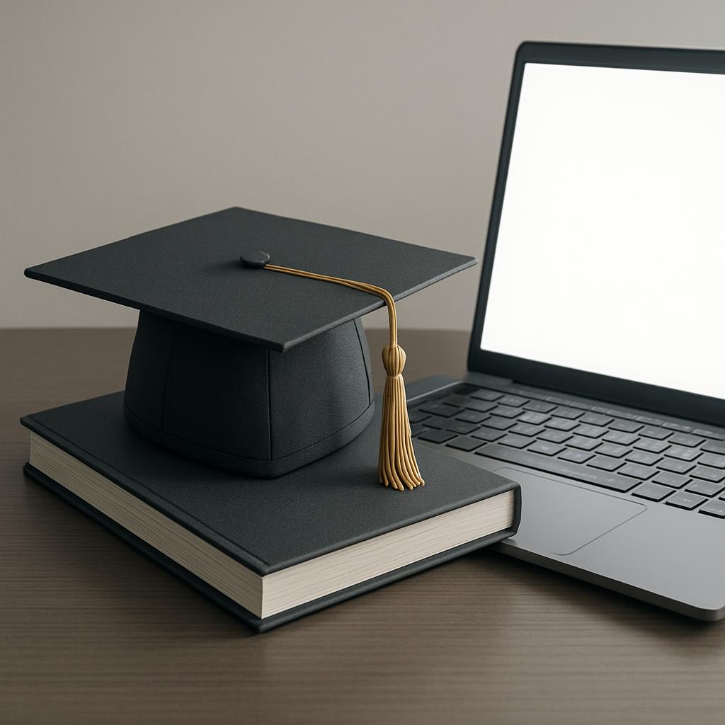 A graduation cap sits atop a book, with the laptop visible to the right.