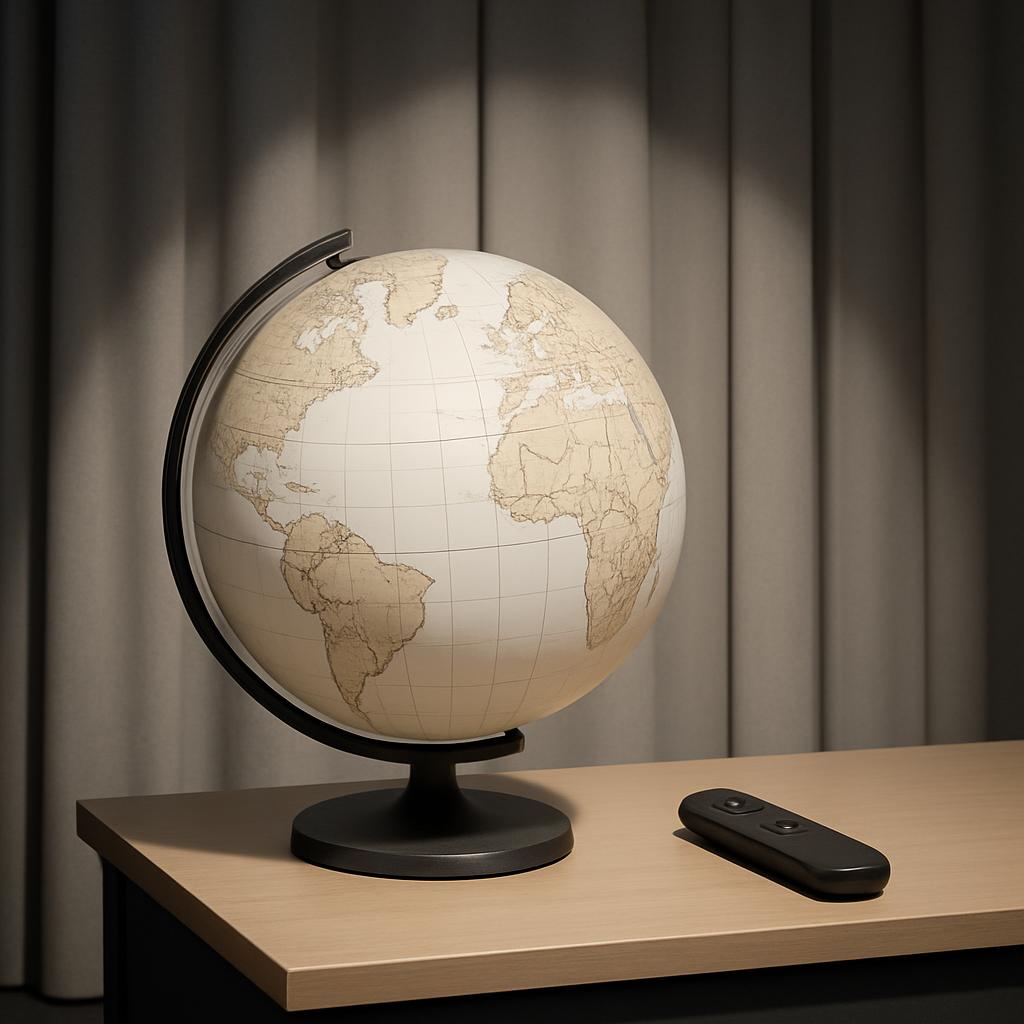 White LED globe on a desk with a remote in a dim room.