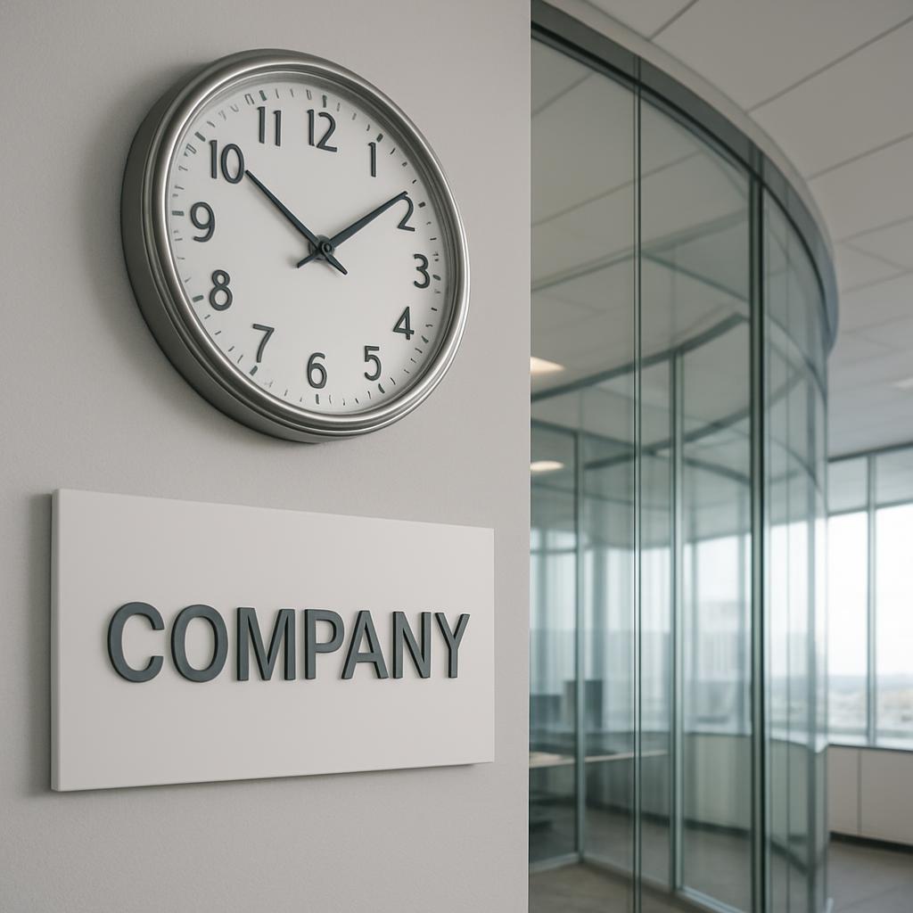 A clock hangs above a sign reading "Company" in an office setting with glass walls.