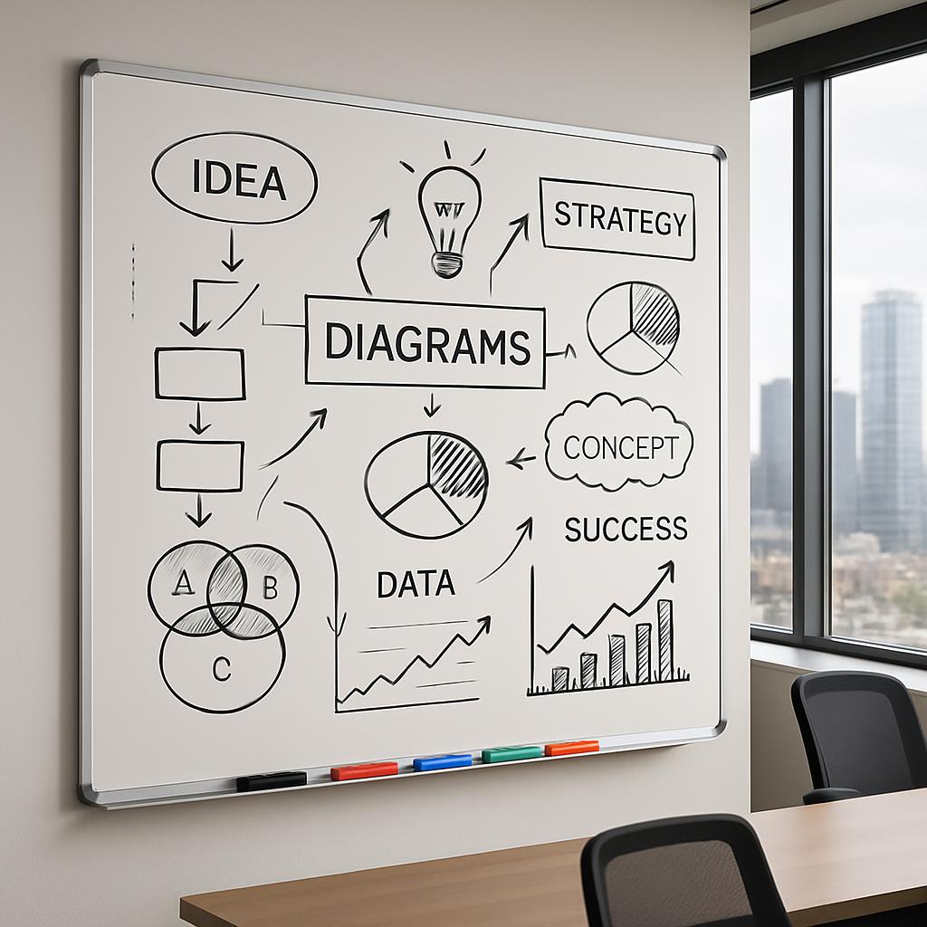 Office whiteboard displaying organizational diagram concepts with a cityscape view.